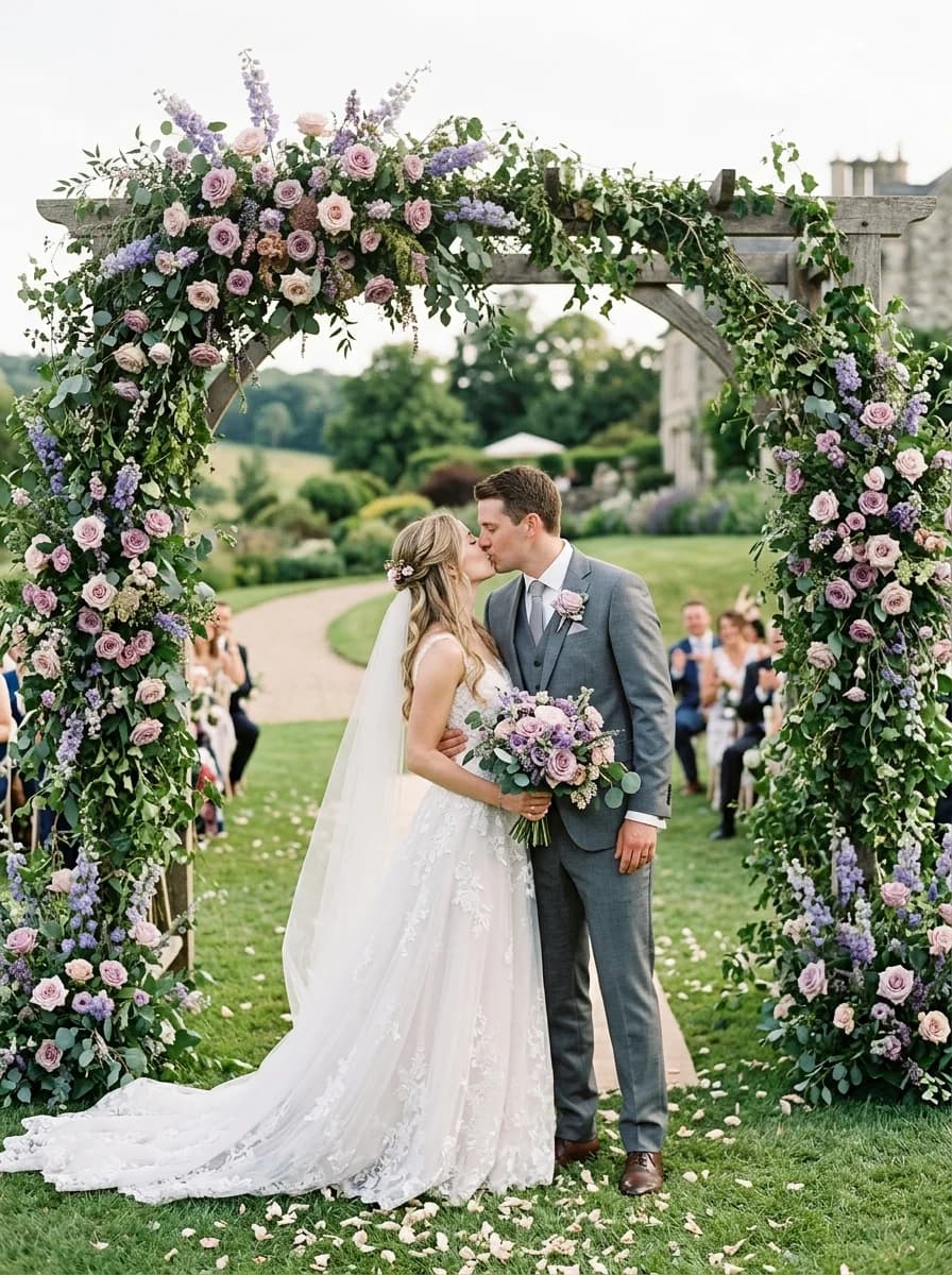 Couple under ceremony floral arch