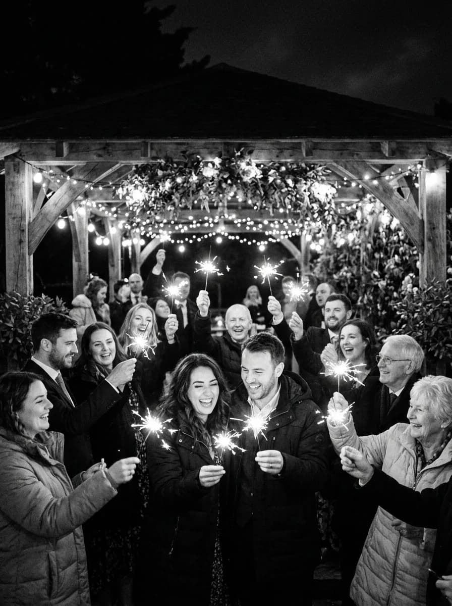 Wedding guests celebrating with sparklers at night
