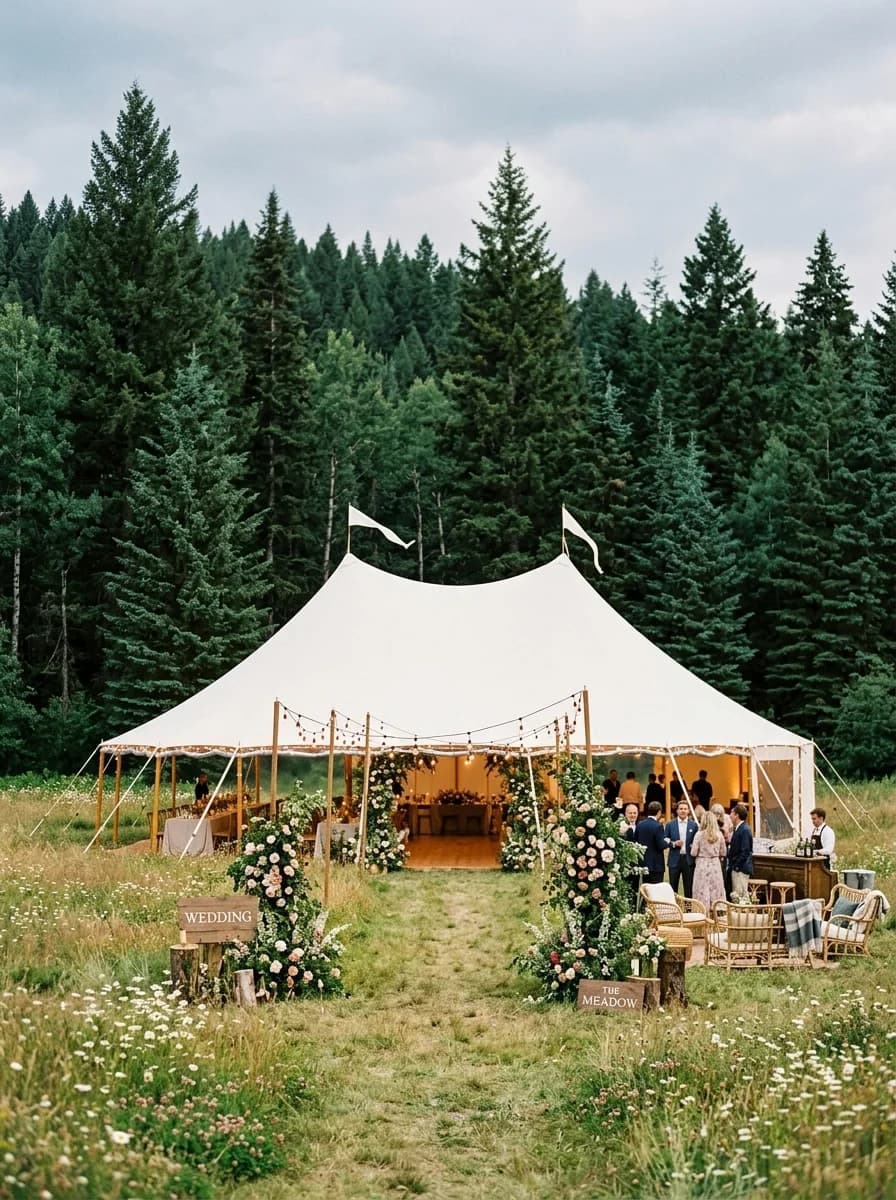 Luxury sailcloth marquee wedding tent in scenic meadow