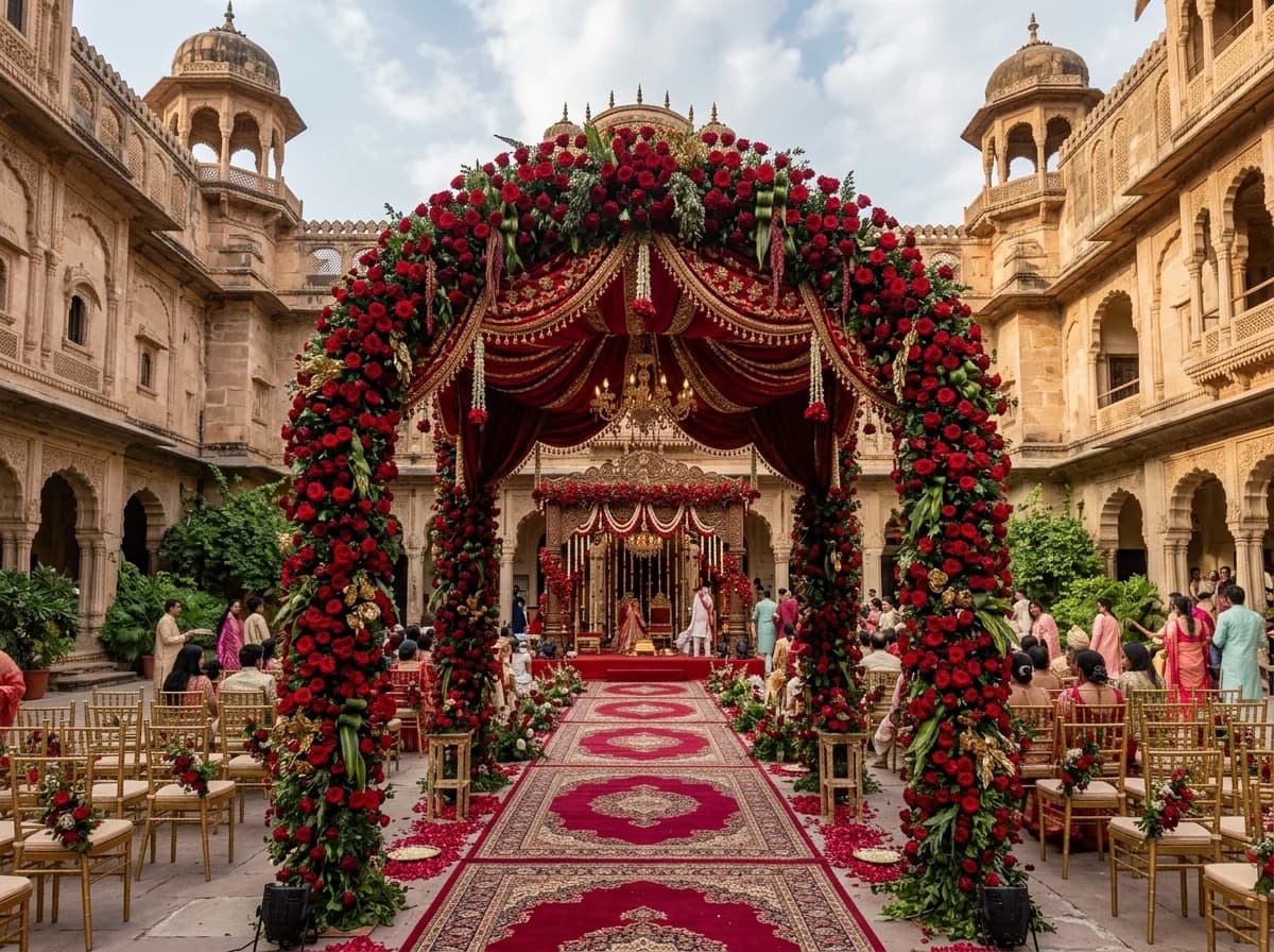 Royal traditional red floral mandap wedding setup by Riwaaj Events